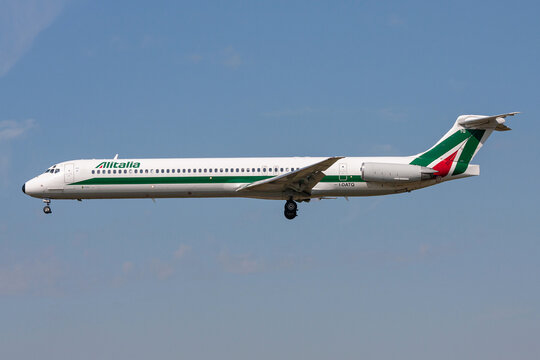 Schiphol, Netherlands - August 6, 2009: Italian Alitalia McDonnell Douglas MD-82 with registration I-DATQ on final for Amsterdam Airport Schiphol