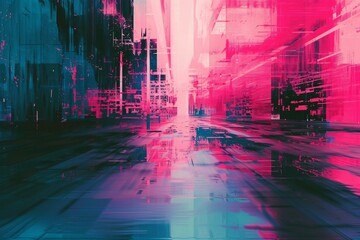 Abstract digital glitch art background. Futuristic cyberpunk aesthetic. Design for poster, backdrop, wallpaper. Vibrant neon palette
