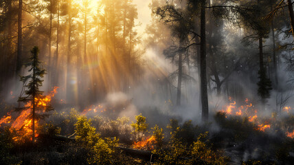 Forest is burning and got destroyed and smoke over forest . Wildfire natural disaster