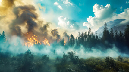 Forest is burning and got destroyed and smoke over forest . Wildfire natural disaster
