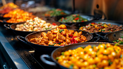 variety of cooked dishes in pans, including beans, spicy tofu, and seasoned vegetables, indicating a diverse and colorful meal selection