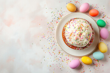 Easter cake and painted eggs on white background. Top view with copy space