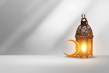 Ornamental Arabic lantern with burning candle glowing . Festive greeting card, invitation for...