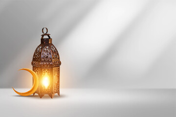 Ornamental Arabic lantern with burning candle glowing . Festive greeting card, invitation for...