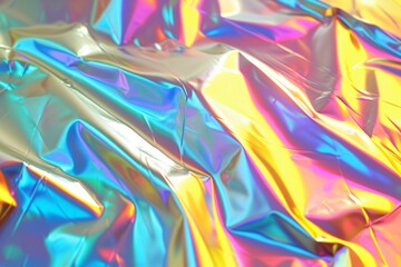 Obraz premium Crinkled holographic material abstract background. Silk or satin. Synthwave, retrowave, vaporwave aesthetics. Retro style, webpunk, retrofuturism concept. 90s and 2000s era. 