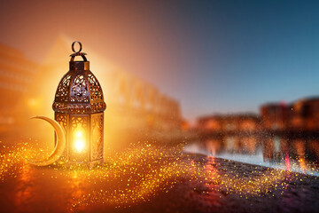 Ornamental Arabic lantern with burning candle glowing . Festive greeting card, invitation for...