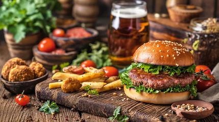 Fotobehang hamburger with lettuce, fries, fried chicken, cherry tomatoes, and a glass of beer on a rustic wooden table © weerasak