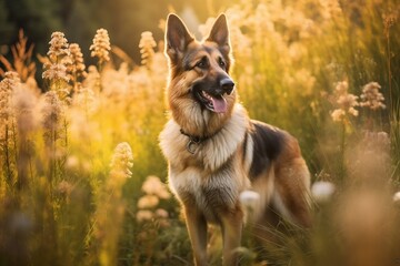 German shepherd dog standing in meadow field surrounded by vibrant wildflowers and grass on sunny day ai generated