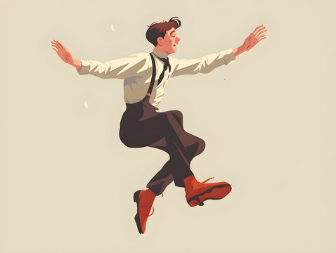 Joyful Man in Mid-Air Jump with Retro Fashion Style, Vintage Clothing and Side Part Hairstyle - Concept of Freedom, Nostalgia, and Positive Lifestyle