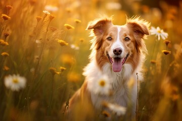 Brittany dog sitting in meadow field surrounded by vibrant wildflowers and grass on sunny day ai generated