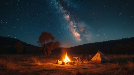 Campfire stories under a starry sky, faces illuminated by the warm glow of crackling flames
