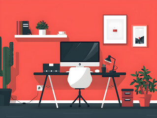 Modern Home Office with Vibrant Red Wall and Artistic Decor - Minimalist and Abstract Art Concept, Energetic Workspace Design, and Organized Room Aesthetic for Productivity Boost