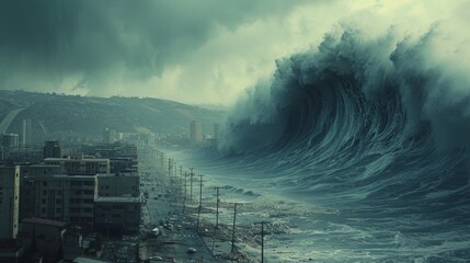 An enormous tsunami wave crashes onto a coastal city, causing widespread destruction. - obrazy, fototapety, plakaty