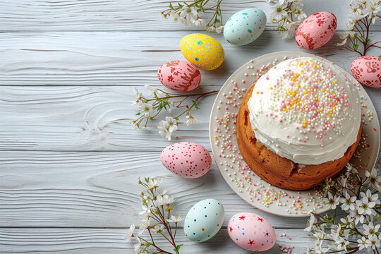 Spring holiday delight: Homemade Easter cake surrounded by vibrant eggs, copy space