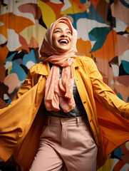 modern colorful stylish outfit photoshoot of a muslim hijab woman in dynamic shot happy and positive for modest trendy arab women fashion poster 