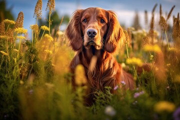 Irish setter dog sitting in meadow field surrounded by vibrant wildflowers and grass on sunny day ai generated