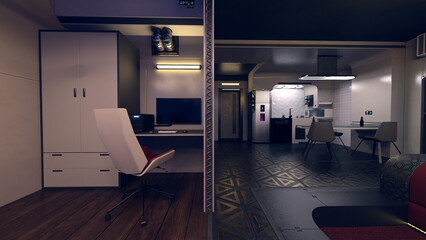 Futuristic cyberpunk apartment home interior with computer on a desk in the corner. 3D render.