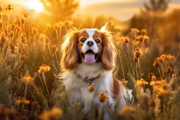 Cavalier king charles spaniel dog sitting in meadow field surrounded by vibrant wildflowers and grass on sunny day ai generated