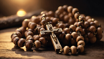 Wooden Christian rosary beads - obrazy, fototapety, plakaty