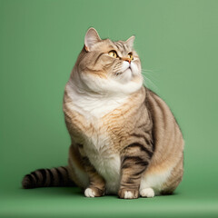 Overweight cat looking to side on green background, studio shot, concept of diabetes, lose weight and indoor life, with copy space. Job ID: fe9b995e-912a-46fd-9377-f45e17591ec3