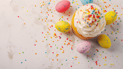 Fototapeta na wymiar Christian feast: Festive Easter cake and colorful eggs, a symbol of resurrection, copy space