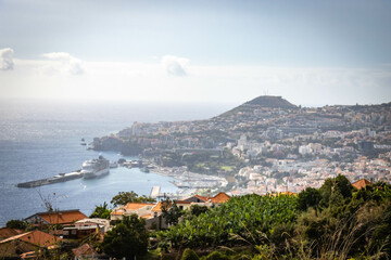 panoramic view over funchal and monte from cable car, aerial view, madeira, portugal, sea, mountains