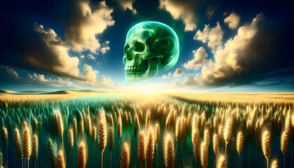 Surreales Weizenfeld mit leuchtendem grünen Schädel, dramatischer Himmel. - obrazy, fototapety, plakaty