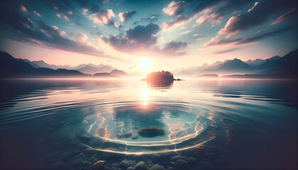 Mystischer Sonnenuntergang mit spiralförmigen Wasserwellen, Bergpanorama. Meditation und Entspannung. - obrazy, fototapety, plakaty