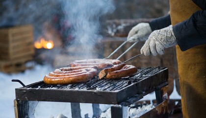 Sausage grill in winter, selective focus