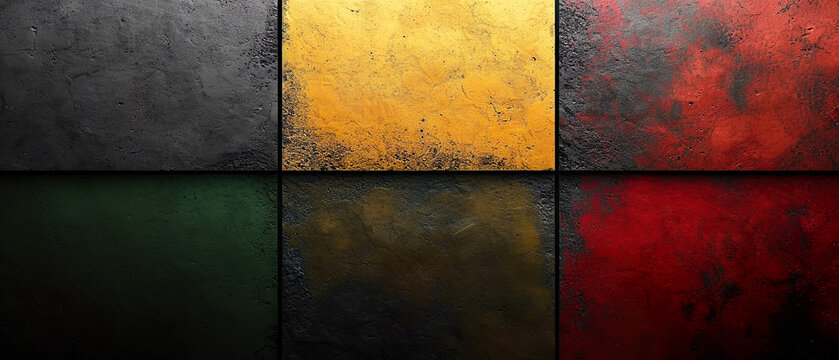 Red, yellow and green color stone plates on the black background. Black History Month concept. Flat lay. Copy space. Banner.
