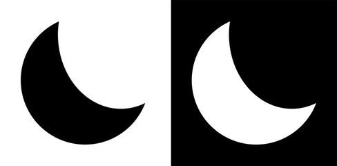 Set in bianco e nero con una luna stilizzata crescente su sfondo bianco e su sfondo nero - obrazy, fototapety, plakaty