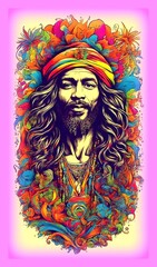 Artwork hippie style, reggae style, many colors, intensified journey