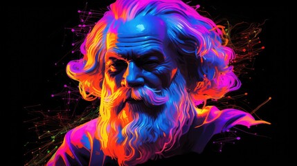 Greek philosophical figures immortalized in statues, enhanced by the glow of neon lights, creating a captivating fusion of the past and present.