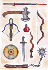 Watercolor drawing of various weapons of the Middle Ages. Cutting, slashing and stabbing weapons on a light background. A metaphorical card for associative work with a psychologist.