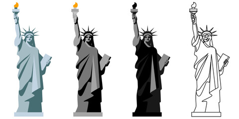 Statue of Liberty set. Bright attraction in America. Color to choose, statue of liberty in green, black and transparent linen color depicted on a white background - Stock vector