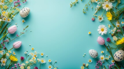 Fototapeta na wymiar Serene Easter Theme with Pastel Eggs and Fresh Spring Florals on a Blue Background with Open Copy Space for Text