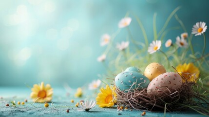 Vibrant Easter Scene: Colorful Eggs Nestled in Spring Grass with Golden Light