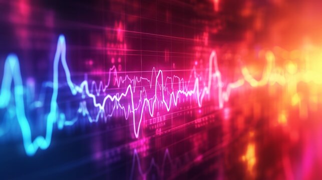 Colorful, pulsating ECG waves illustrating heart activity and rhythm on a digital monitor