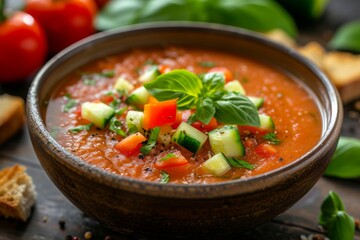 Gazpacho: A refreshing tomato-based cold soup, garnished with cucumber, peppers, and croutons, perfect for hot days.