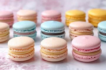 Fototapeta na wymiar Delicate French macarons in a rainbow of pastel colors, offering a symphony of flavors with each bite.