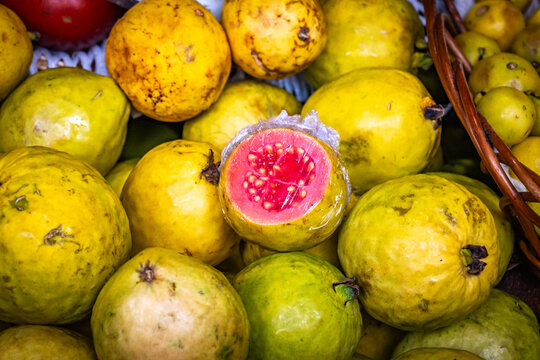mercado dos lavradores, funchal, madeira, guava, organic, fruit, yellow, pink