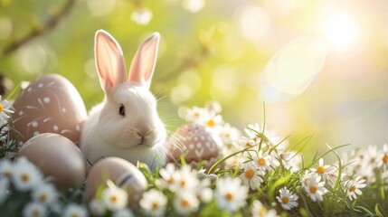 Enchanted Easter Morning: A Snow-White Bunny Surrounded by Painted Eggs and Delicate Wildflowers