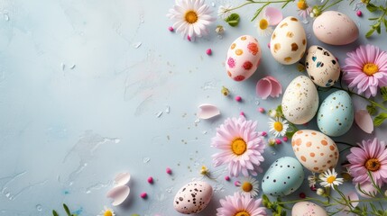 Fototapeta na wymiar Easter Celebration: Decorated Eggs Nestled Amongst Spring Flowers on Soft Blue Backdrop With Open Copy Space for Text 