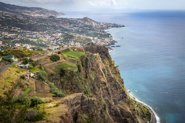 Fototapeta premium view from highest cliff of madeira, cabo girao, cliff, skywalk, aerial view, madeira, portugal, europe