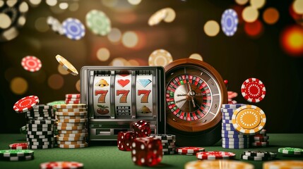 casino, gamble, poker, money, luck, chance, Podium with smartphone, casino slot machine, Casino Roulette , cards and poker chips in dark gold scene