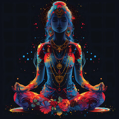 A woman meditating. Colorful graphic style