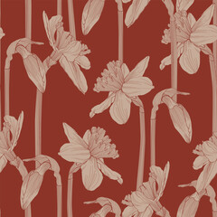 Floral seamless pattern, daffodils flowers. Elegant floral hand drawn outline design for textile, fabric, package, wallpaper, poster.