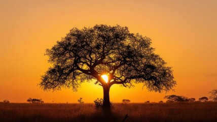 A marula tree silhouette at sunset - obrazy, fototapety, plakaty