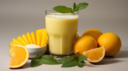Fototapeta premium Tropical Refreshment: A Luscious Orange Smoothie Surrounded by Fresh Citrus