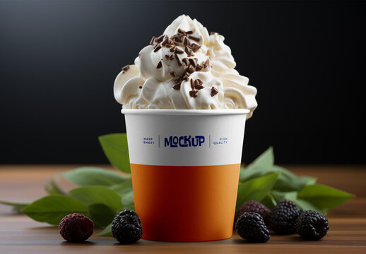 Ice Cream Cup Mockup with Whipped Topping and Chocolate Shavings &ndash; Realistic Dessert Packaging Template for Branding Display
